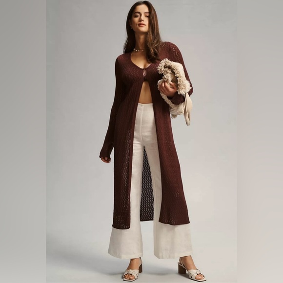 ANTHROPOLOGIE | PILCRO POINTELLE SWEATER DUSTER LONG CARIDGAN IN BROWN MEDIUM - Picture 1 of 10